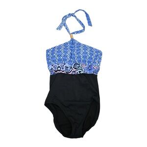 Jantzen Women's 10 Blue Black Print Halter One Piece Swimsuit
